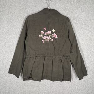 Embroidered Utility Jacket Medium Army Military Chore Barn Thin Butterfly Flower